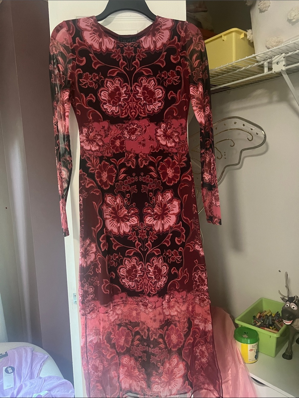 Johnny Was Jade xs Long Sleeve Mesh Dress in Burgundy and Pink Floral